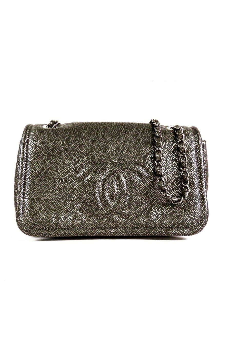 Chanel CC Logo Flap Gunmetallic Silver Caviar Leather Chain Shoulder Bag